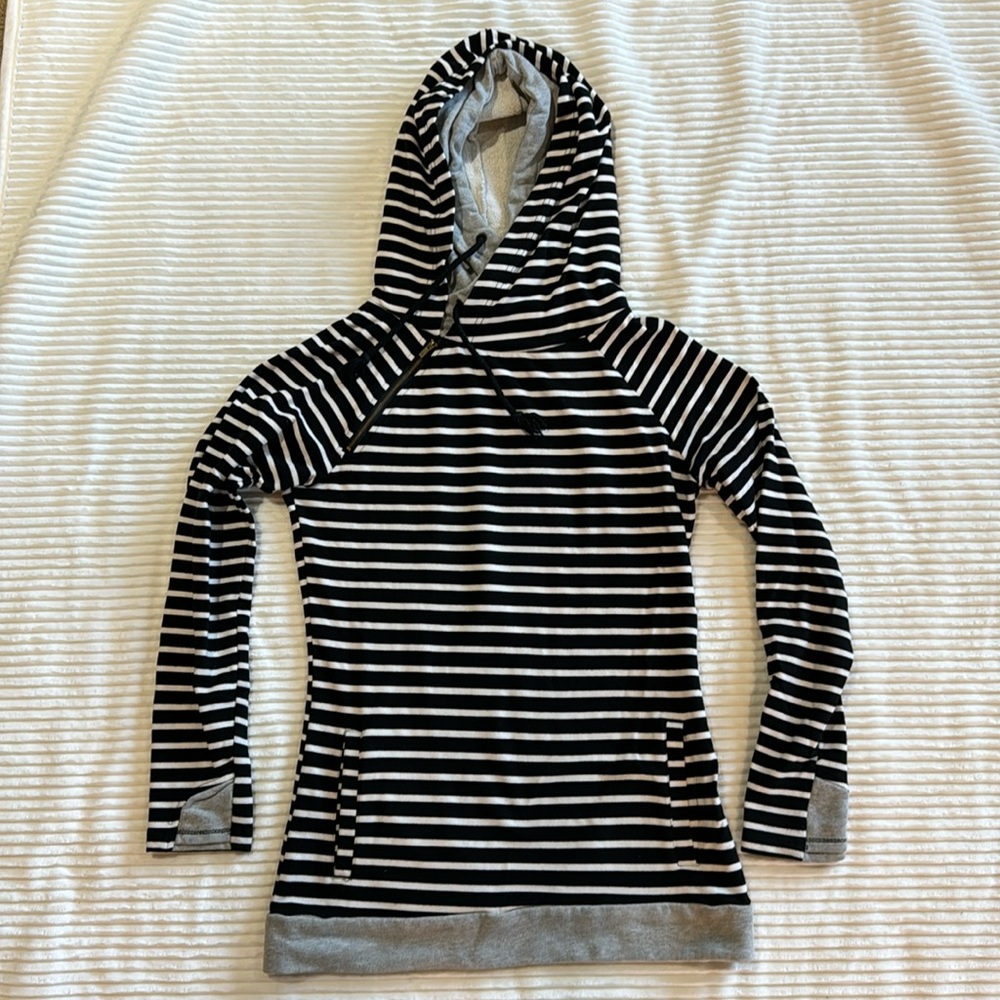 Ampersand Double Hoodie Black White Gray Stripe Baseball Style Tunic Sweatshirt
